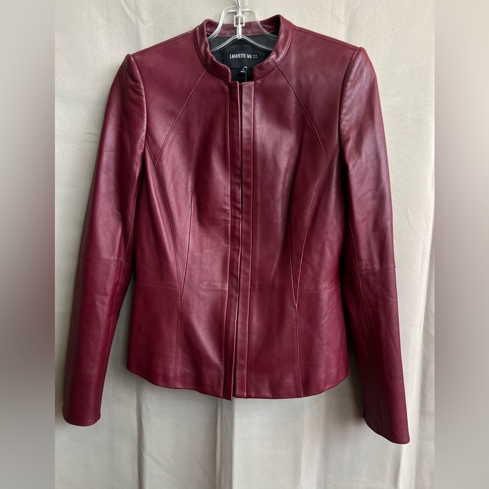 Lafayette 148 Red Wine Leather Jacket | Size 4 | Fitted Peplum Style |